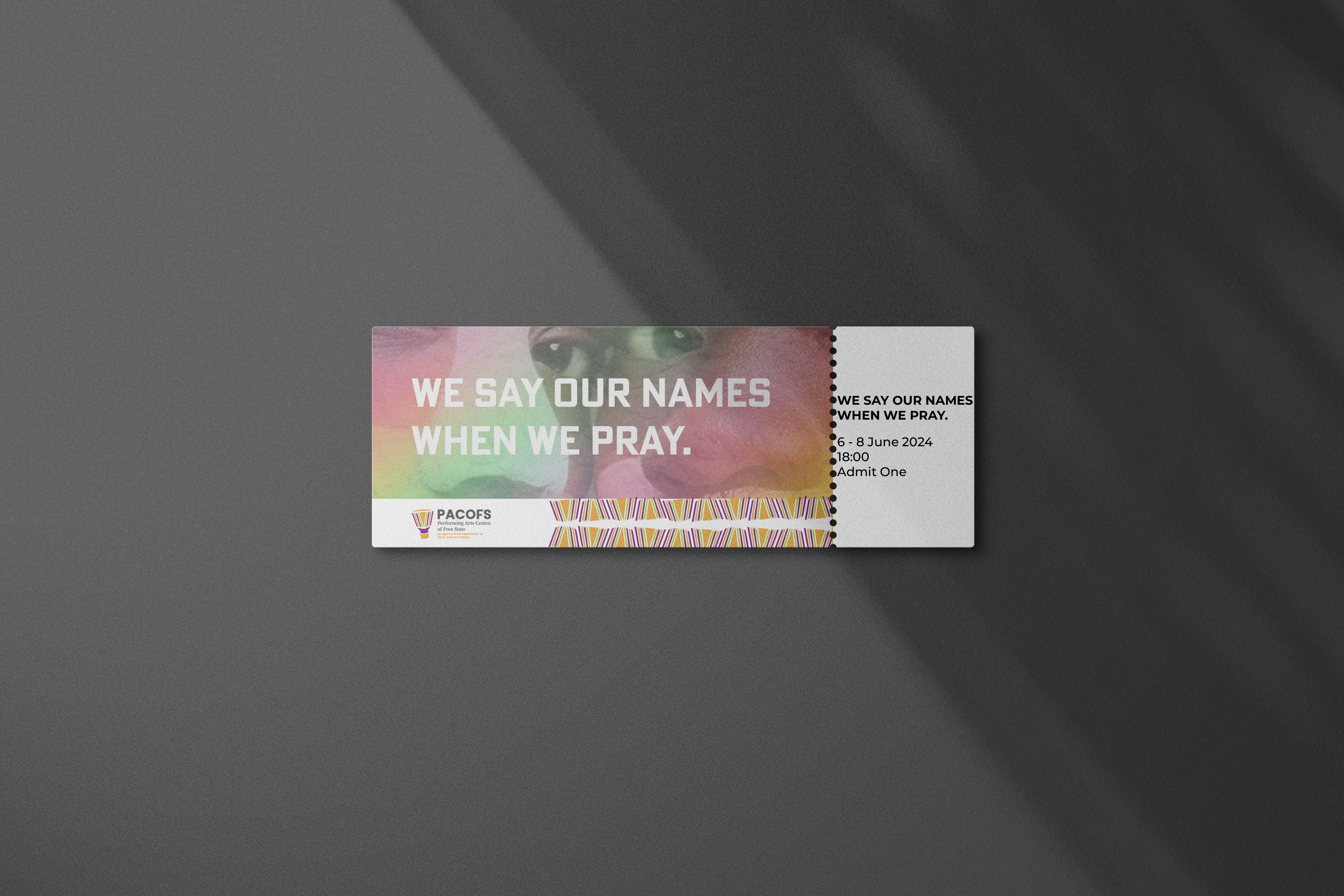 PACOFS theatre ticket design mockup — branded concert tickets showing event name, date, and refreshed PACOFS identity