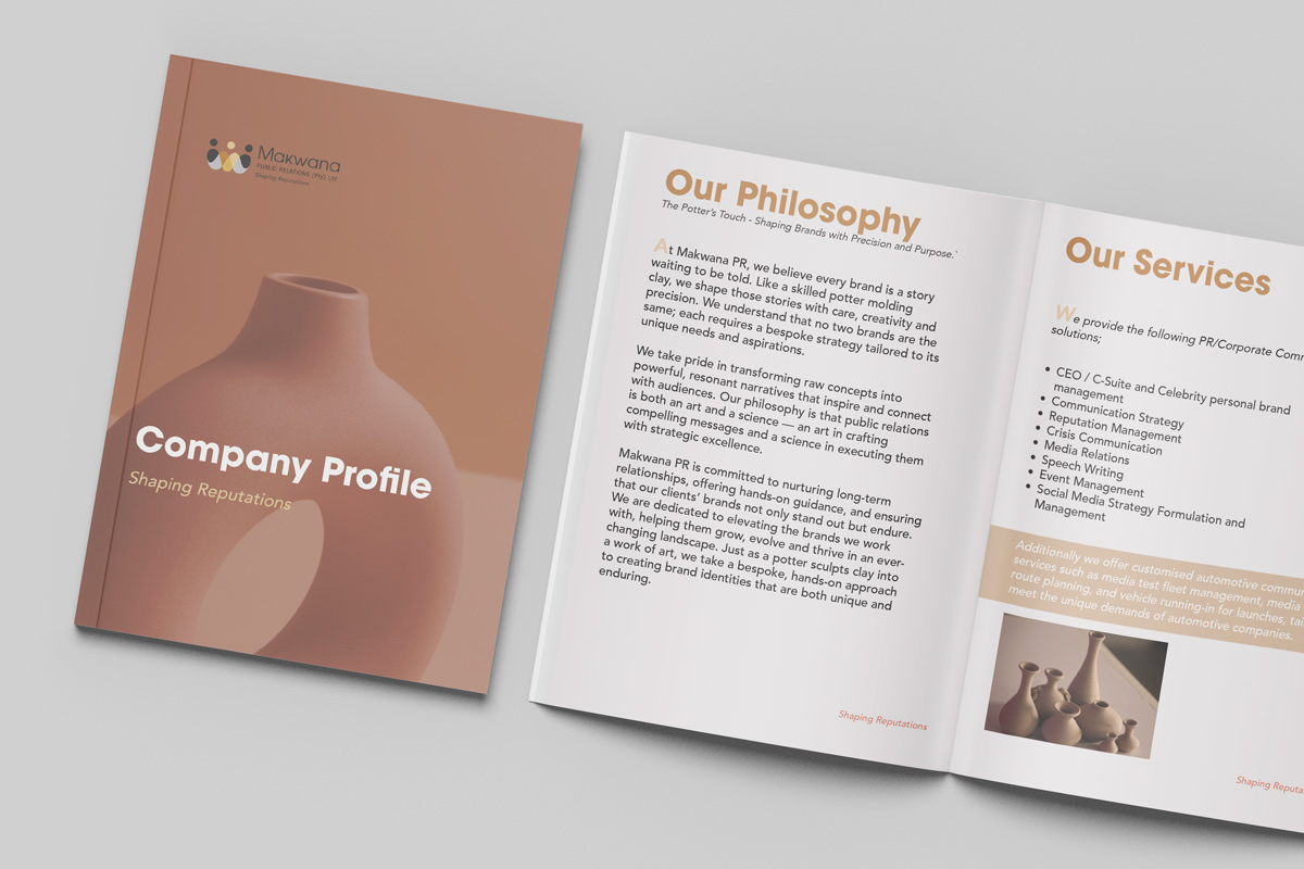 Makwana PR company profile open spread — Our Philosophy page on the potter's touch beside an Our Services list, with terracotta pottery photography