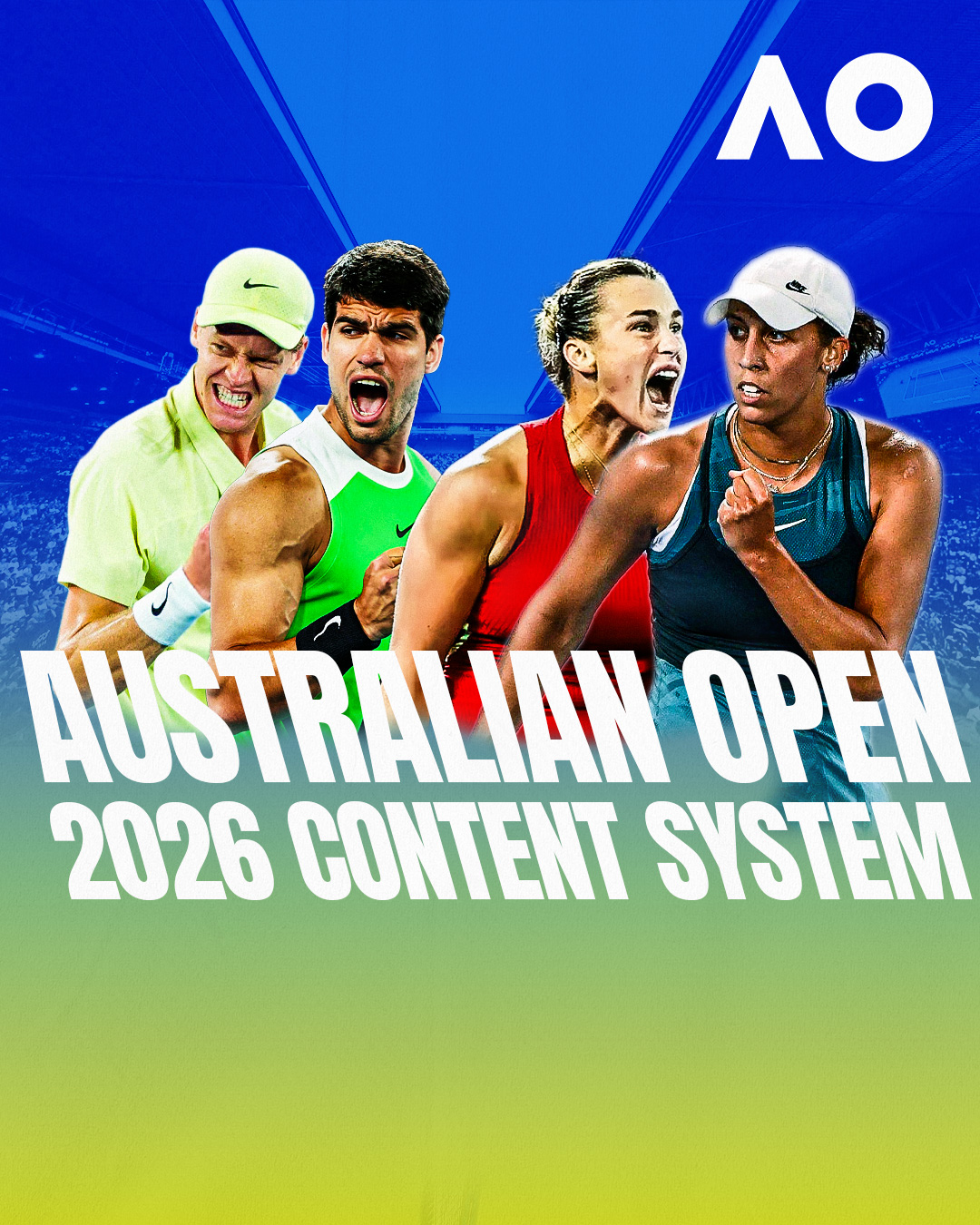 Australian Open 2026 Content System — master graphic with Sinner, Alcaraz, Sabalenka and Keys against the blue-to-green AO gradient, AO logo top right