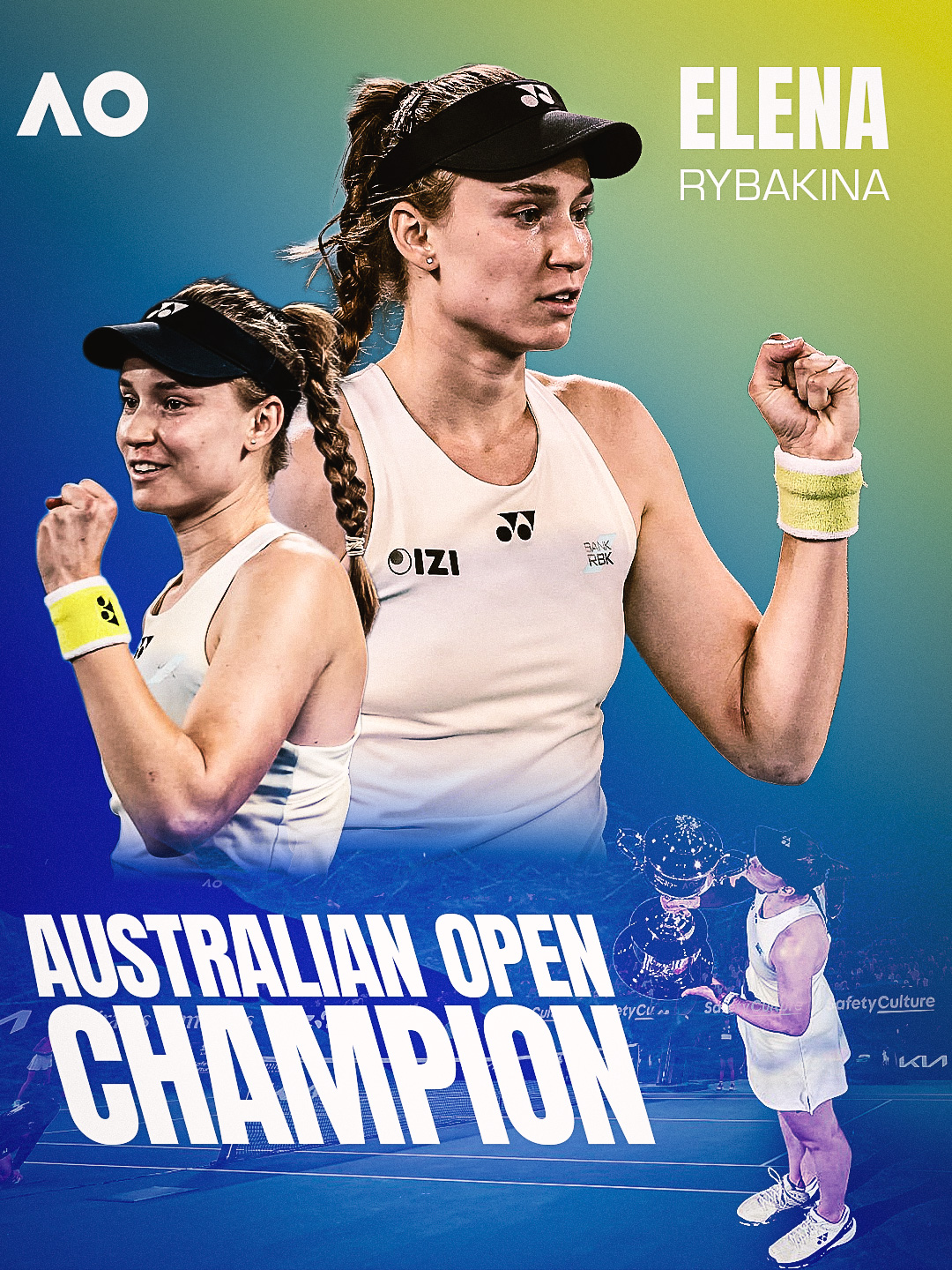 AO 2026 Women's Singles Champion — Elena Rybakina, dual-image composite with trophy celebration inset, text reads Australian Open Champion