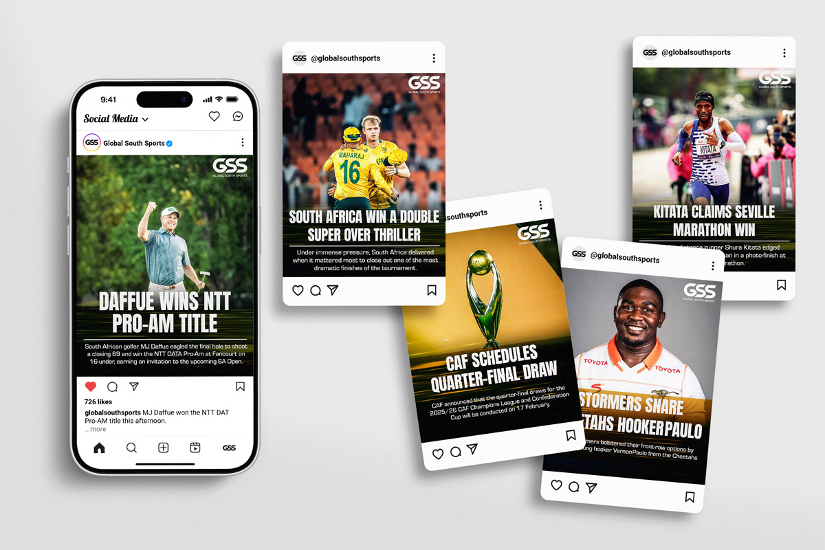 Global South Sports Instagram feed mockup — phone showing live feed alongside post cards covering a golf win, cricket super over, marathon result, CAF draw, and rugby signing