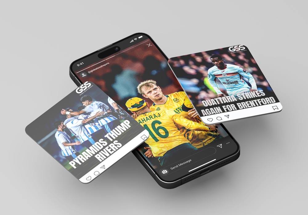 Global South Sports social media stories mockup — three phones showing story and post templates with football, cricket, and rugby content